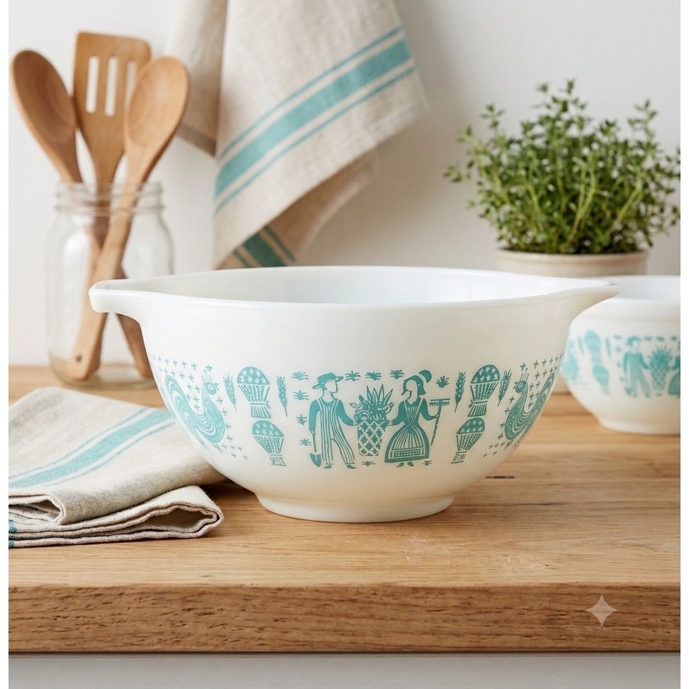 Pyrex Mixing Bowl Unisex 1.5 pt White Turquoise Butterprint Amish 441 Vintage